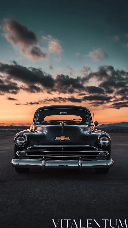 Sunset-lit vintage Chevrolet framed by dramatic clouds.