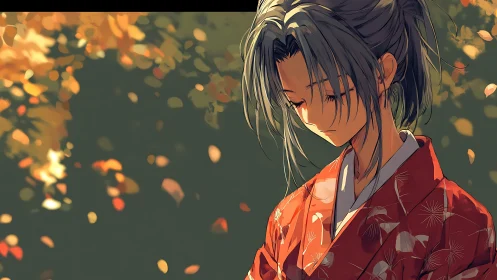 Melancholic kimono portrait under defocused autumn foliage light