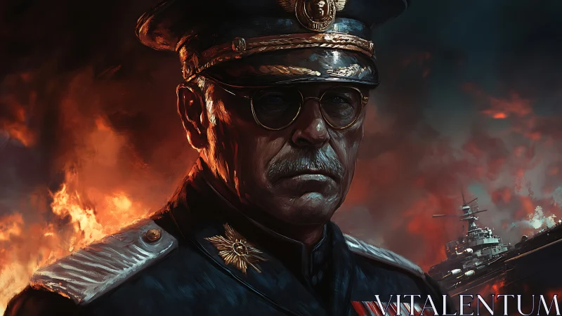 Naval admiral stands before burning warship at dusk