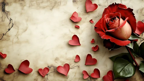 Red Rose and Heart Petals on Vintage Textured Background.