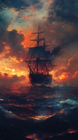 Burning tall ship cuts through storm-lit, infernal seascape