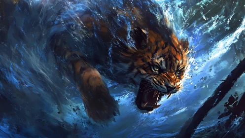Feral tiger erupts through stormwave in electric blue fury.
