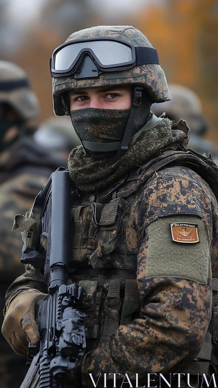 Camouflaged soldier stands watch in autumn battlefield hush.