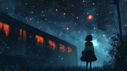 Starlit railway platform with lone student under luminous sky.