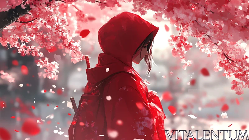 Red hooded girl beneath pink cherry blossoms in wind.