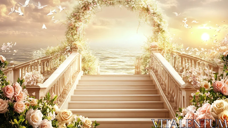 Sunlit floral staircase opens gently toward a glowing sea horizon