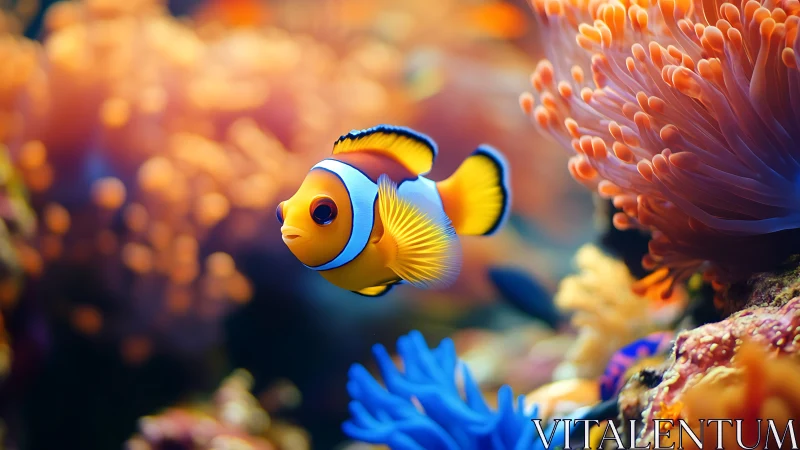 Clownfish glides through neon coral reef under soft bokeh light.