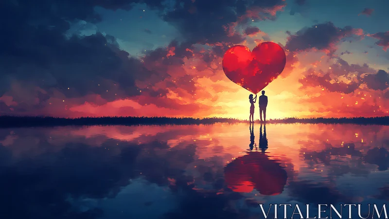Couple holding red heart balloon at sunset over water.