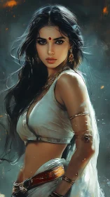 Digitally rendered warrior muse in luminous ethnic regalia.