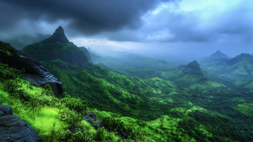 Stormlit emerald mountain range recedes into atmospheric haze