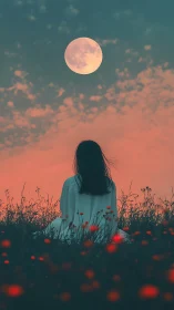 Backlit silhouette observing lunar disc over bokeh meadow.