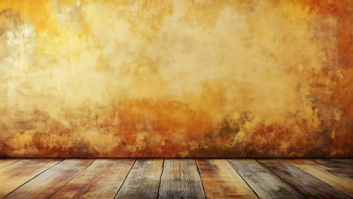 Textured ochre plaster wall with rustic wooden floor backdrop.