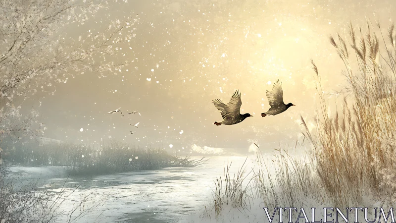 Two birds cross a frozen river under diffuse winter light