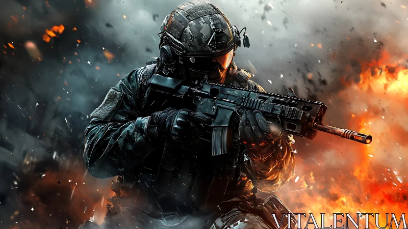 Soldier in full tactical gear firing rifle amid explosions