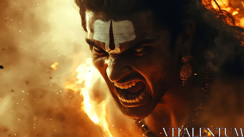 Fiery warrior portrait with ritual markings in combustion field.