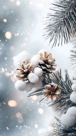 Snow-dusted pinecones glow softly amid winter bokeh lights.