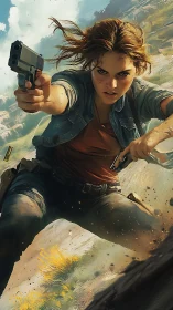 Gritfire heroine lunges forward, twin pistols blazing hard.