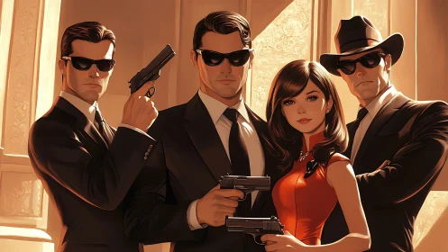 Stylish spy team poses with pistols under golden light.