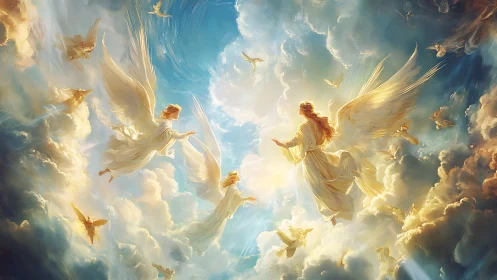 Radiant angels ascend through luminous clouds toward heaven.