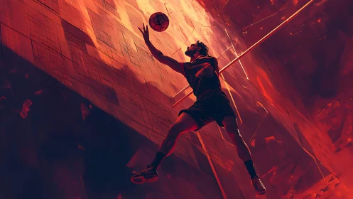 Basketball player soars through fiery abstract arena light