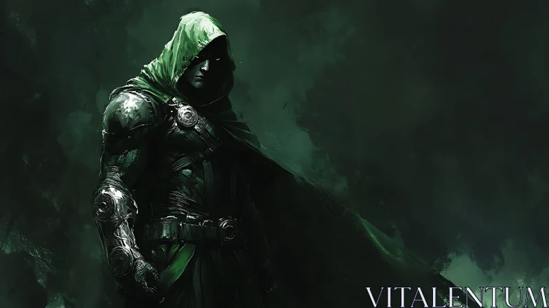 Hooded armored vigilante stalks through shadowed emerald mist