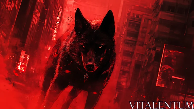 Cybernetic shadow hound advancing through saturated red smog.