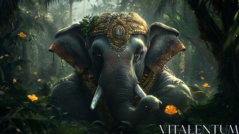 Regal jeweled elephant emerging from lush misty jungle.