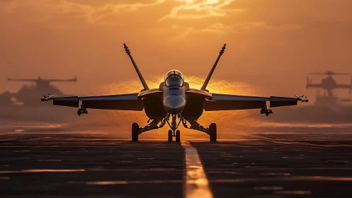 Carrier-based jet aircraft on flight deck at sunset.