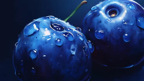 Glistening blueberries glow softly under deep blue light