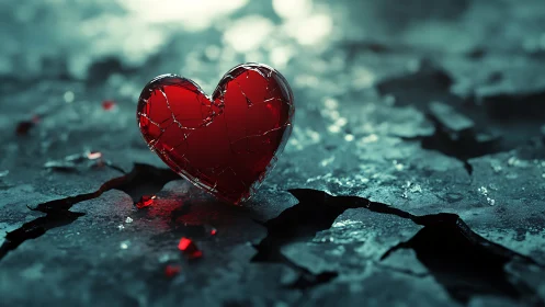 Crystalline Glass Heart Fractured on Weathered Surface with Refracted Light