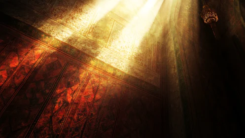 Digital painting of ornate sunlit arabesque interior wall detail.