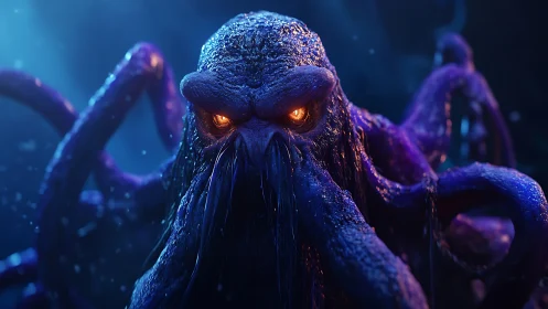 Glowing-eyed sea creature rises from deep ocean shadows