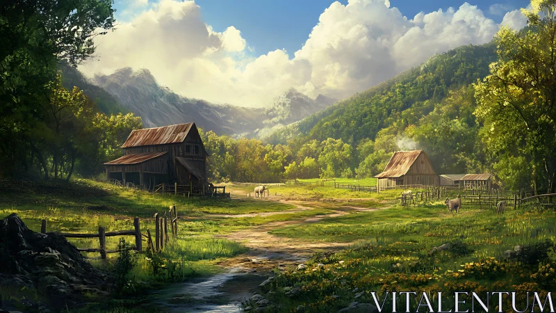 Sunlit mountain farmstead rests in a tranquil green valley