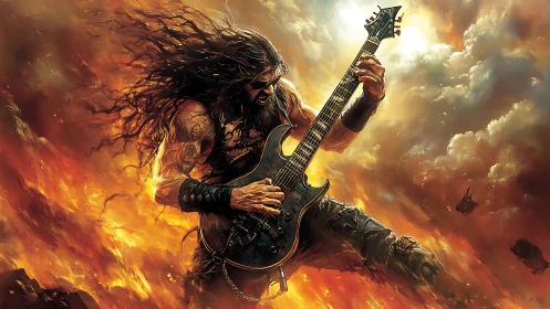 Firestorm metal guitarist shredding in apocalyptic sky.