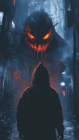 Hooded figure confronts fiery monster in dark city alley.
