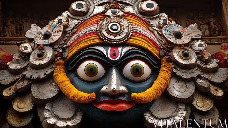 Colorful traditional mask with vivid eyes and playful energy.