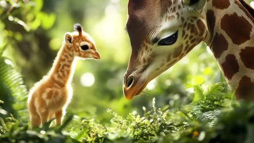 Gentle giraffe and calf in glowing forest clearing.