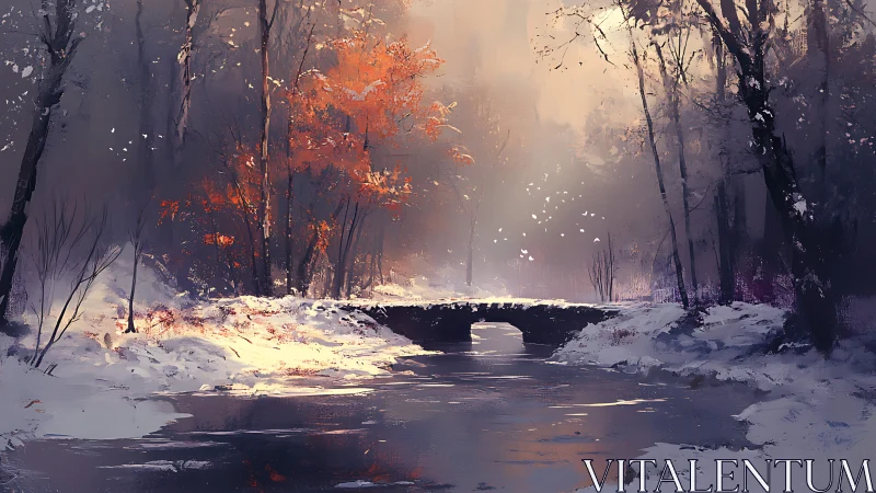 Silent stone bridge spans a misty winter forest stream