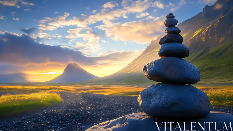 Balanced stone cairn overlooking glowing mountain valley.