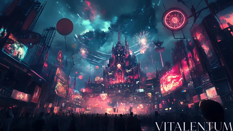 Neon-saturated cyberpunk plaza under fireworks and aerial traffic