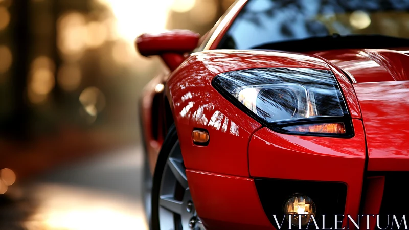Crimson sports car prowls a forest road in molten evening light.
