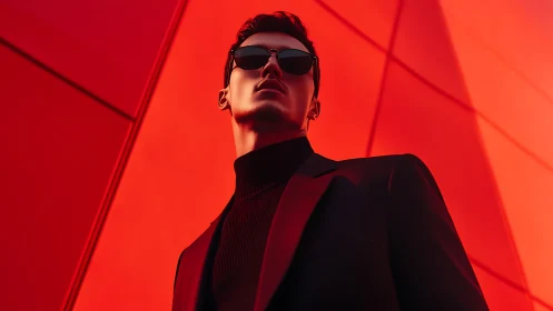 Low-angle portrait isolates subject against geometric red facade