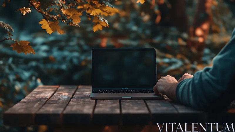 Laptop workspace on rustic wooden table in autumn forest.