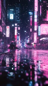 Rain falls on neon-lit urban street with reflective roadway