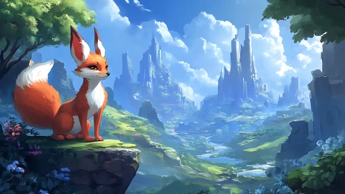 Fox sentinel surveys luminous fantasy valley under vast skies.