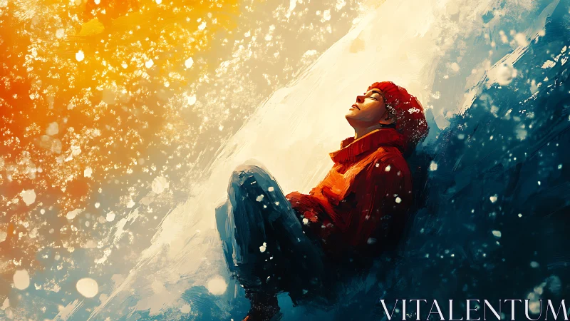 Solitary figure absorbs glowing snowfall in abstract light.