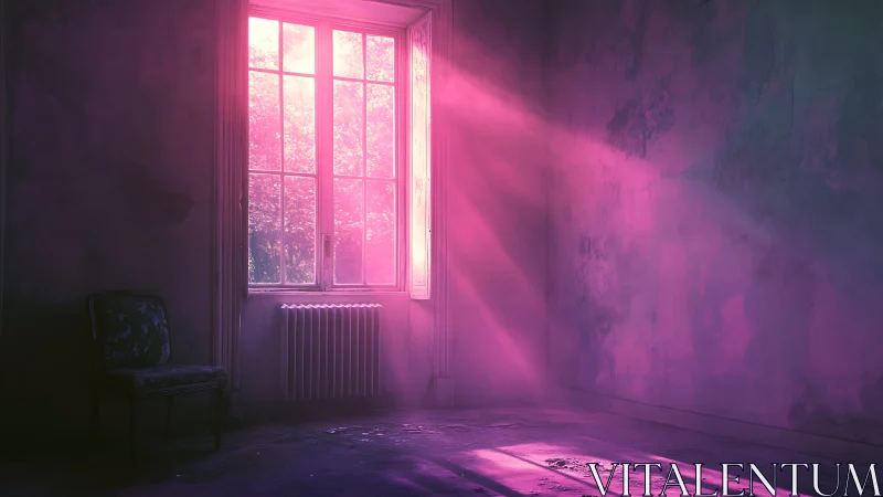 Pink light floods abandoned room through tall window.