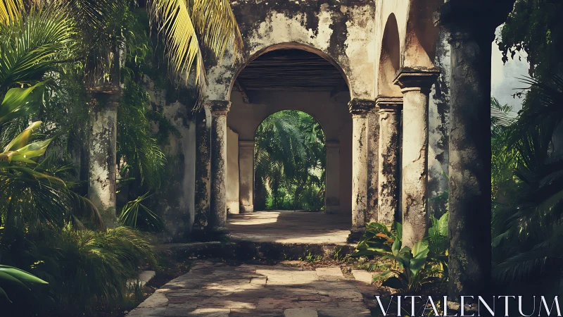 Sunlit stone arcade frames lush overgrown tropical courtyard