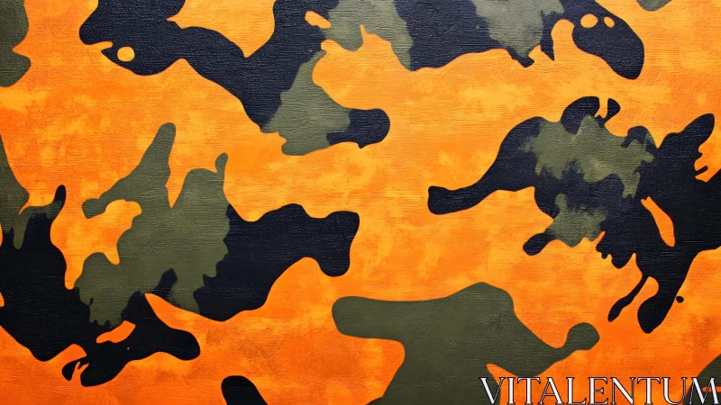 Bold orange and green camouflage pattern in modern graphic style.