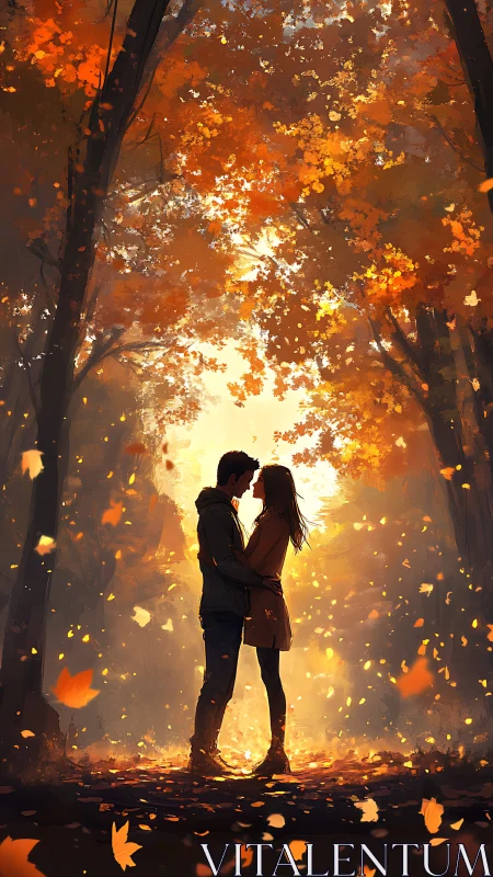 Couple kissing under autumn canopy with falling leaves.